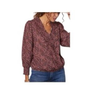 Evereve Anden Paisley Blouse in Wine Merlot Red Pink Long Sleeve Top Size Medium